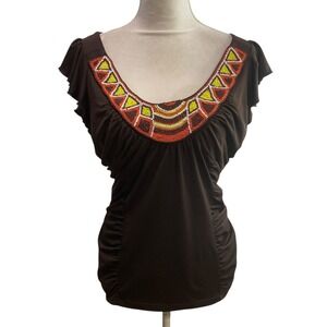 AB Studio Womens‎ XL Brown Beaded Neck Ruffle Sleeve Blouse Top